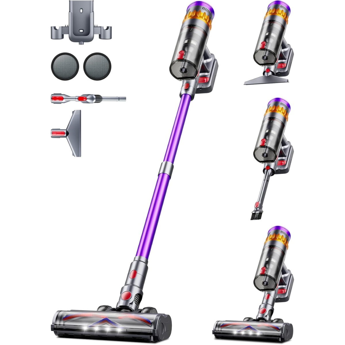 VIAFLY Cordless Vacuum Cleaner, 450W/38Kpa Stick Vacuum with Self-Standing, Anti-Tangle, LED Display, Max 55 Mins Runtime, 6 in 1 Lightweight Vacuum Rechargeable for Pet Hair Hardfloor Carpet